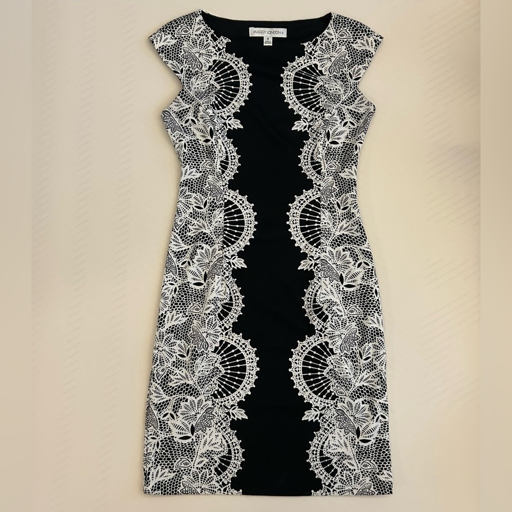 Maggy London Black and White Sheath Dress, Size 6